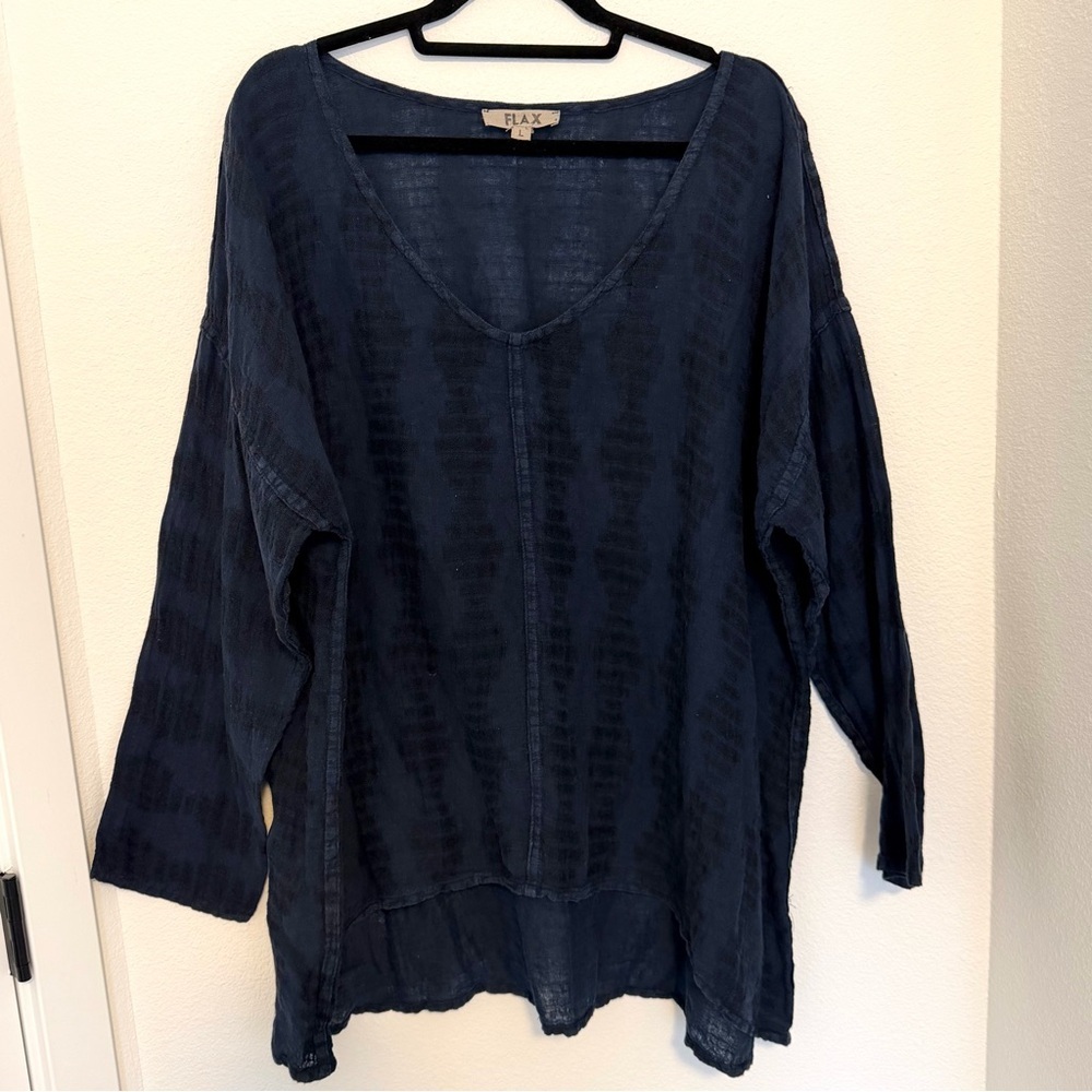 FLAX V Neck Long Sleeve Tunic Top Indigo Blue Textured Detail Size Large Women’s